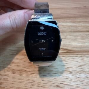 Embassy by Gruen Diamond Quartz Black Dial Cuff Bracelet Watch Womens Vintage